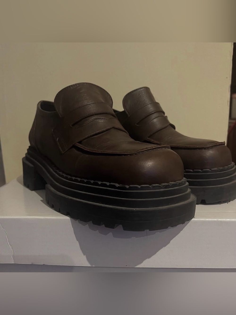 L'INTERVALLE Brown Leather Penny Loafers with Chunky Black Platform